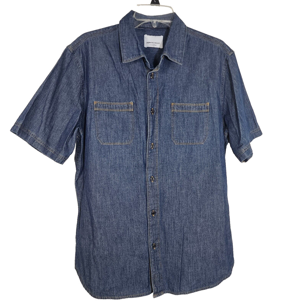 Paperdenim & Cloth Shirt Mens Large Blue Button Down Short Sleeve Denim Pockets